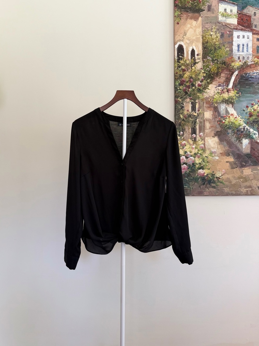 INC Black Sheer Draped Twist Front Blouse Button Detail Long Sleeve Size Small